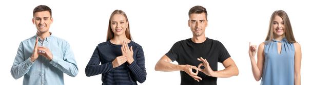Głuche nieme osoby posługujące się językiem migowym na białym tle - Zdjęcie, obraz