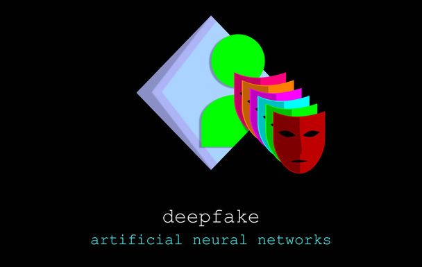 Deep Fake and false, acronym Deepfake, profound learning. Replacing images using artificial neural networks. User icon illustration with various masks. Button on elegant black background. Vanguard. - Photo, Image