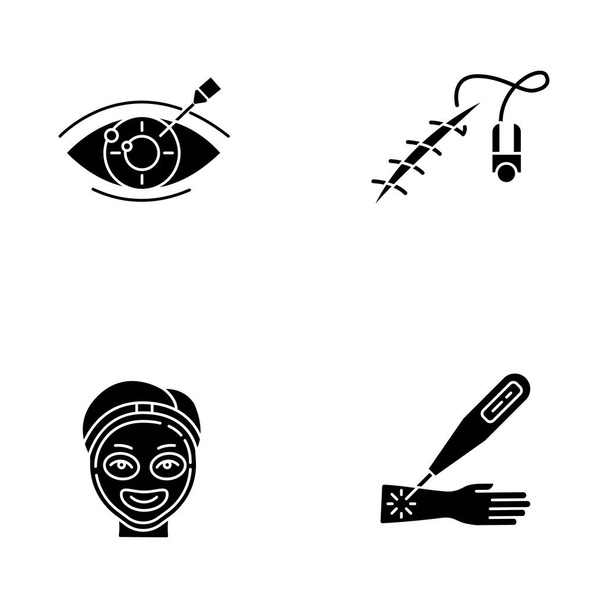 Medical procedure glyph icons set. Vision correction. Eyesight disorder. Stitching open wound. Cosmetology. Laser therapy on arm. Healthcare. Silhouette symbols. Vector isolated illustration - Wektor, obraz