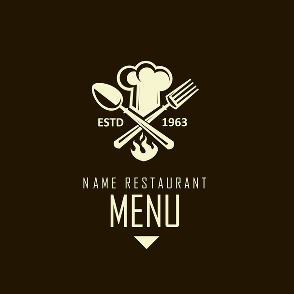 monochrome illustrations of crossed spoon, fork and chef hat isolated on black background - Διάνυσμα, εικόνα
