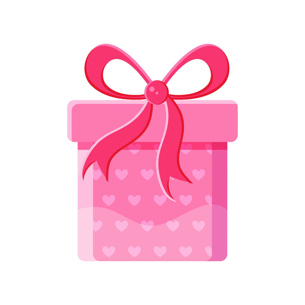 Pink cartoon gift box with heart in vector. Gift present for Valentine s day, birthday, wedding. Vector illustration. Romantic gift decorated with heart and bow. - Wektor, obraz