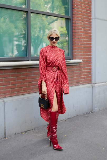 Caroline Daur with red Fendi dress with before Fendi fashion show, Milan Fashion Week street style  - Photo, image