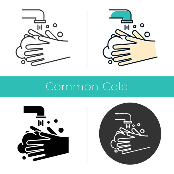 Rinse hands icon. Hygiene and healthcare. Common cold precaution. Germ cleansing. Washing hand. Disinfect from flu bacteria. Flat design, linear and color styles. Isolated vector illustrations - Vector, Image