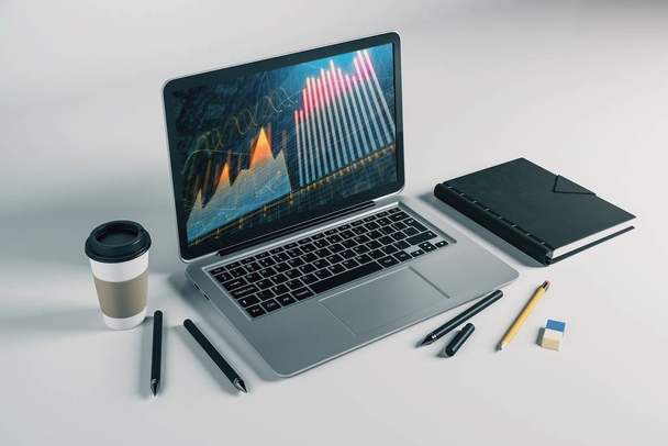 Laptop closeup with forex graph on computer screen. Financial trading and education concept. 3d rendering. - Foto, Imagem