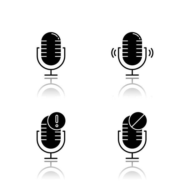 Microphone connection problems drop shadow black glyph icons set. Sound recording mistake idea. Voice record equipments. Podcast technology. Portable mics. Isolated vector illustrations - ベクター画像