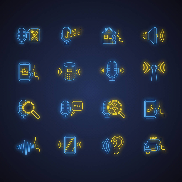 Voice control neon light icons set. Sound request idea. Speech recognition process. Microphone using modes, recording equipment. Remote controlled apps. Glowing signs. Vector isolated illustrations - Vector, Imagen