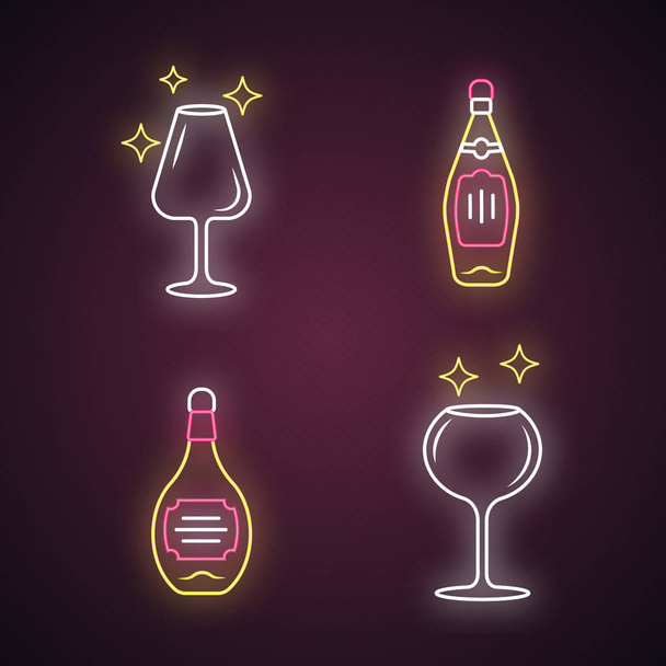 Alcohol drink glassware neon light icons set. Glowing signs. Wine service. Crystal glasses shapes. Drinks and beverages. Whiskey and bourbon bottles. Silhouette symbols. Vector isolated illustrations - Вектор, зображення