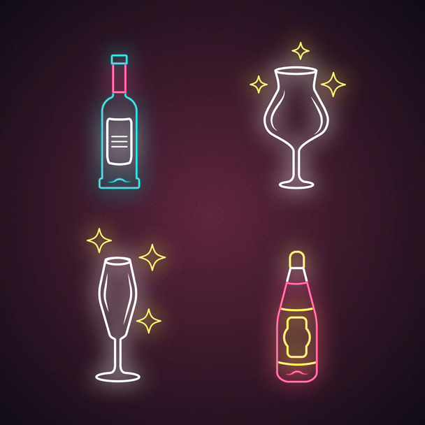 Alcohol drink glassware neon light icons set. Glowing signs. Wine service. Empty crystal glasses shapes. Drinks, beverages. Wine bottles with labels. Silhouette symbols. Vector isolated illustrations - Vetor, Imagem