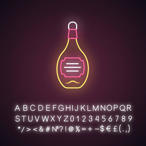 Glass bottle of wine, whiskey, rum neon light icon. Local alcoholic drink, beverage. Color glass liquor bottle with red label. Glowing sign with alphabet and symbols. Vector isolated illustration - Vektori, kuva