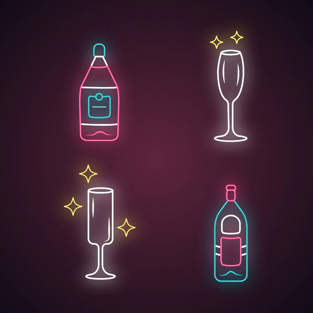 Alcohol drink glassware neon light icons set. Glowing signs. Wine service. Empty crystal glasses shapes. Drinks and beverages. Wine and gin bottles. Silhouette symbols. Vector isolated illustrations - Vektor, kép