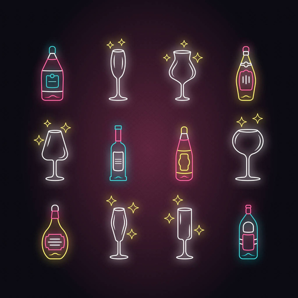 Alcohol drink glassware neon light icons set. Wine service elements. Crystal glasses shapes. Drinks and beverages types. Red wine and whiskey bottles. Glowing signs. Vector isolated illustrations - Vetor, Imagem