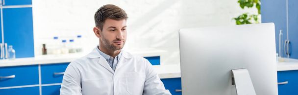 panoramic shot of molecular nutritionist looking at computer in lab  - Фото, изображение