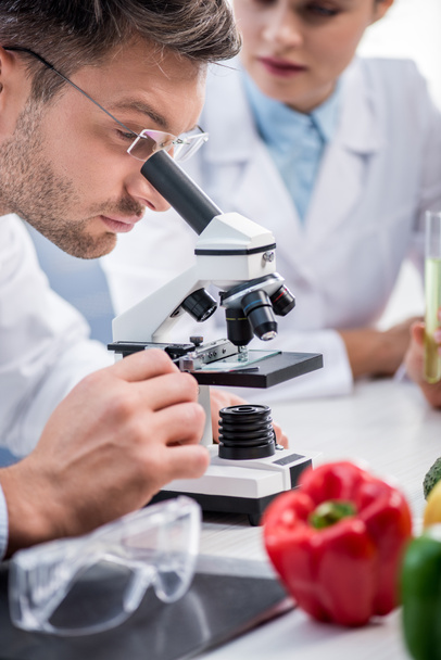 selective focus of molecular nutritionist using microscope in lab  - Photo, Image