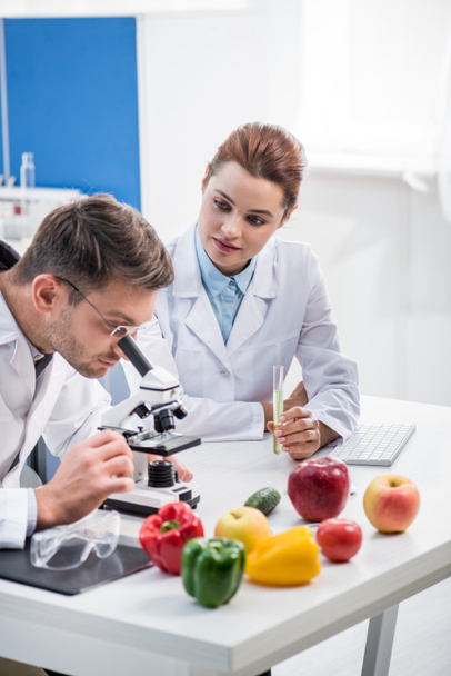 molecular nutritionist using microscope and his colleague holding test tube  - Photo, image
