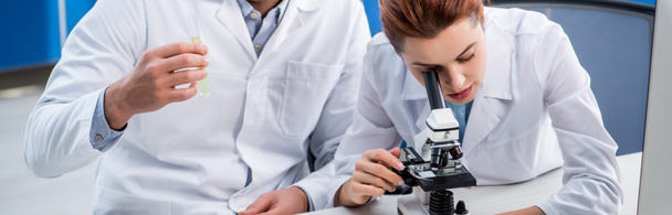 panoramic shot of molecular nutritionist using microscope and colleague holding test tube  - Φωτογραφία, εικόνα