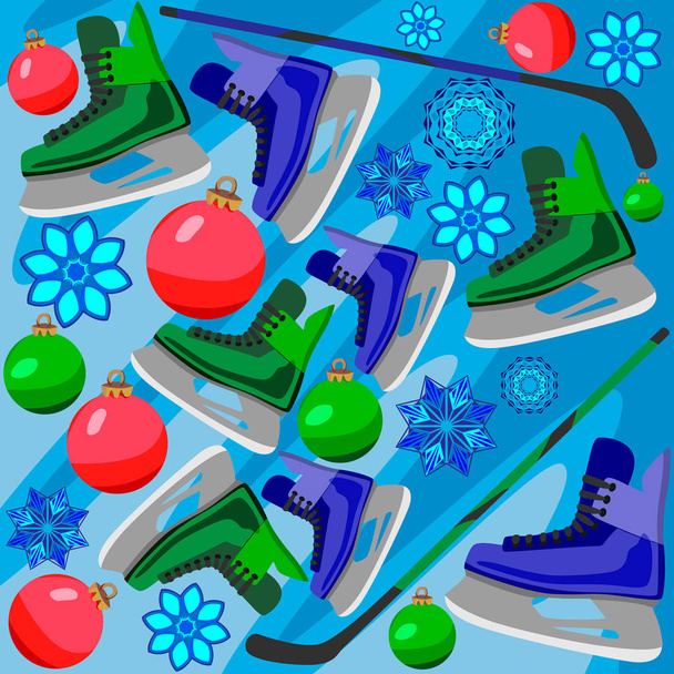 Winter Wallpapers, images for snowy time of year. Images of ice hockey skates, Christmas tree toys and snowflakes. - Vector, Image