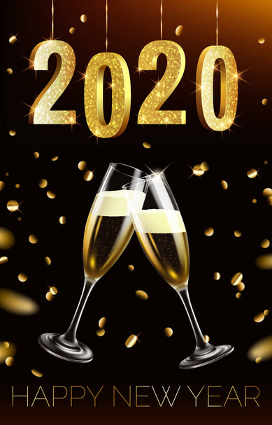 Buon anno 2020. Illustrazione vettoriale realistica con numeri 3D dorati scintillanti, bicchieri di champagne e coriandoli dorati su sfondo scuro
  - Vettoriali, immagini