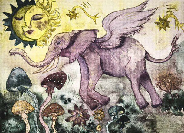Rustieke psychedelische vliegende roze olifant. De dabbing techniek bij de randen geeft een zacht focuseffect door de veranderde oppervlakteruwheid van het papier. - Foto, afbeelding