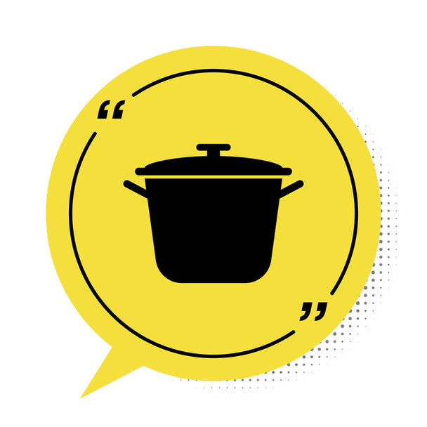Black Cooking pot icon isolated on white background. Boil or stew food symbol. Yellow speech bubble symbol. Vector Illustration - Vector, Image