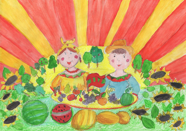 Рисунок в детском стиле Свежие органические овощи
  - Фото, изображение