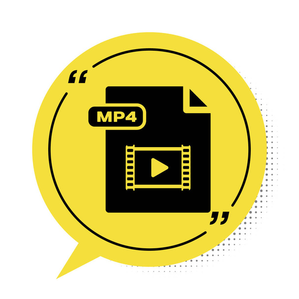 Černý dokument Mp4. Stáhnout mp4 ikonu tlačítka izolované na bílém pozadí. Symbol souboru Mp4. Žlutý symbol bubliny řeči. Vektorová ilustrace - Vektor, obrázek