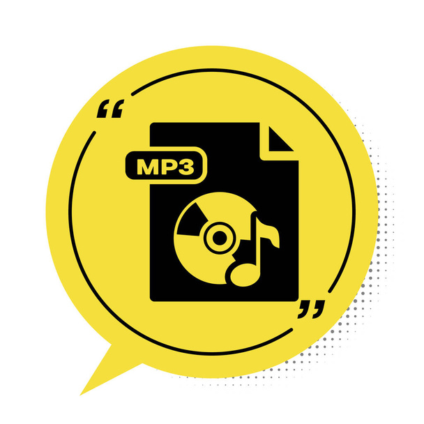 schwarzes mp3-Dokument. mp3-Symbol auf weißem Hintergrund isoliert herunterladen. mp3 Musikformat Zeichen. mp3-Dateisymbol. gelbes Sprechblasensymbol. Vektorillustration - Vektor, Bild