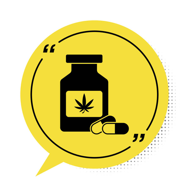 Flacon médical noir avec icône de marijuana ou de feuille de cannabis isolé sur fond blanc. Maquette d'extraits d'huile de cannabis dans des pots. Symbole de bulle de parole jaune. Illustration vectorielle - Vecteur, image