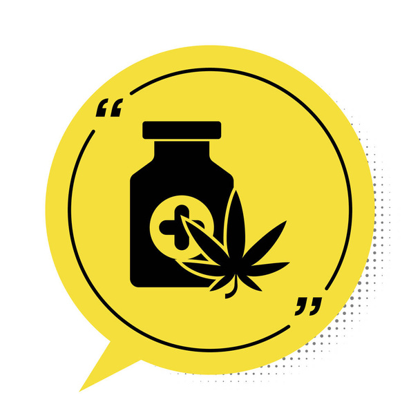 Fekete orvosi palack marihuána vagy cannabis levél ikon elszigetelt fehér alapon. Kannabiszolaj kivonatok üvegekben. Sárga beszéd buborék szimbólum. Vektorillusztráció - Vektor, kép
