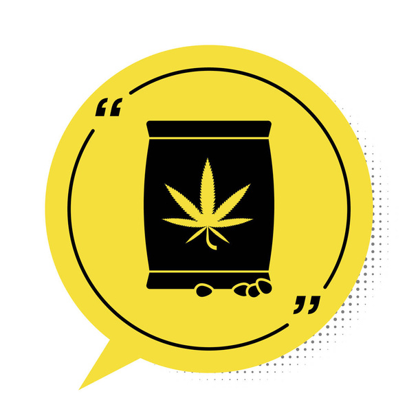 Czarne nasiona marihuany lub konopi w ikonie worka izolowane na białym tle. Symbol konopi. Proces sadzenia marihuany. Żółty symbol bańki mowy. Ilustracja wektora - Wektor, obraz