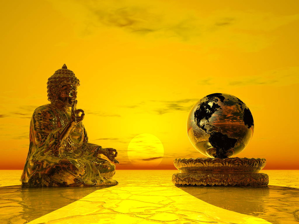 Buda, Dünya 'nın güvenliği için meditasyon yapıyor. - Fotoğraf, Görsel