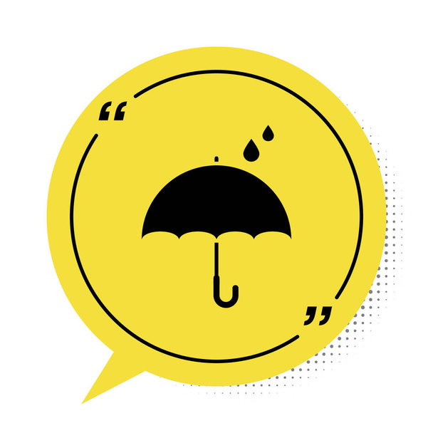 Μαύρο Umbrella και βροχή σταγόνες εικονίδιο απομονώνονται σε λευκό φόντο. Αδιάβροχο εικονίδιο. Προστασία, ασφάλεια, έννοια ασφάλειας. Υδατικό σύμβολο. Κίτρινη φυσαλίδα ομιλίας. Εικονογράφηση διανύσματος - Διάνυσμα, εικόνα