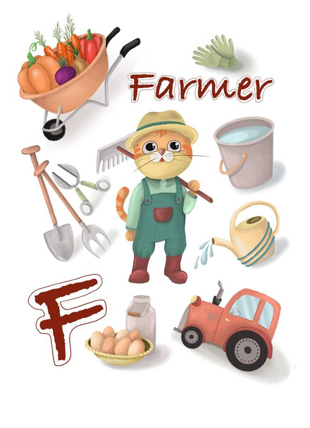 Alfabeto de crianças de profissões. Carta F - Agricultor e seus atributos profissionais
. - Foto, Imagem