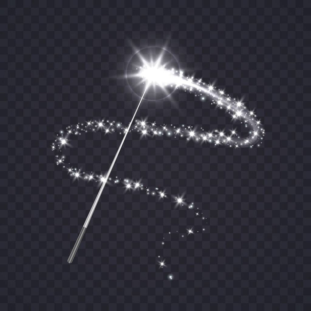 Magic wand with white swirl and sparkles isolated on transparent background. - Vector, Image