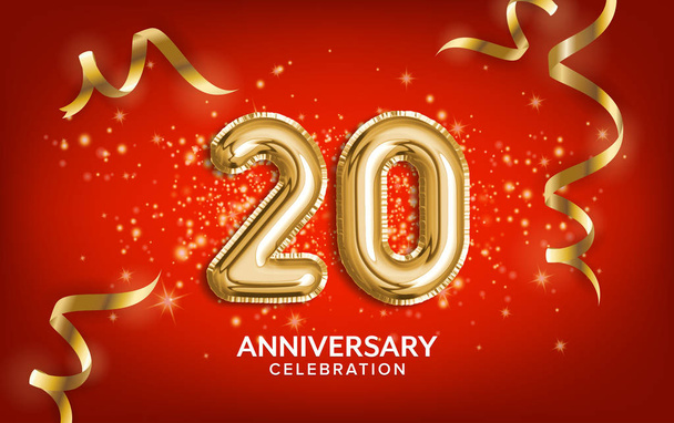 20. yıldönümü kutlaması. Yıldönümü balonları altın yılanbalığı ve kırmızı arka planda konfeti ile kutluyor. Doğum günü ya da düğün partisi dekorasyonu. İllülasyon stoku - Fotoğraf, Görsel