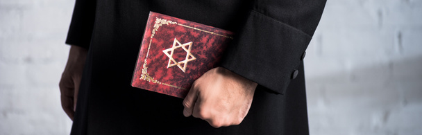 panoramic shot of young jewish man holding tanakh  - Foto, afbeelding