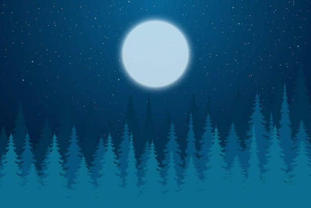 Nocny las z pełnią księżyca i gwiazd. Ilustracja wektora - Wektor, obraz