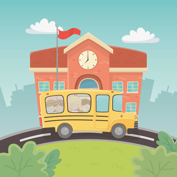 school building and bus with kids in the landscape scene - Vector, Image