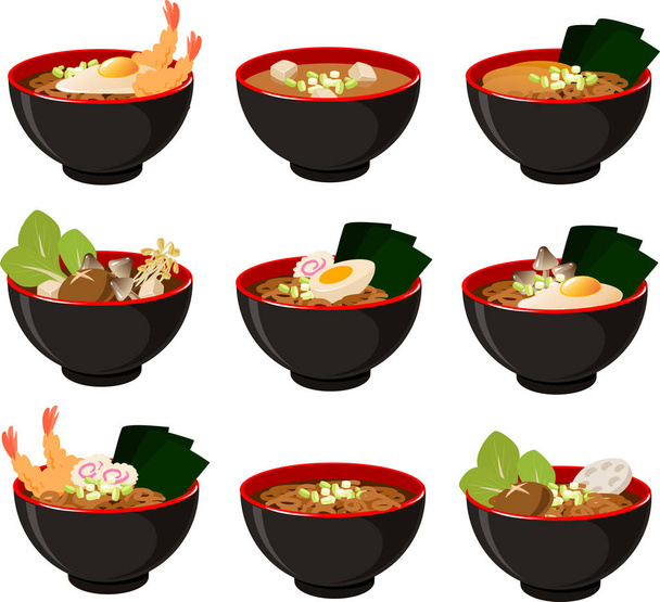 Wektor ilustracja różnych azjatyckich japońskich zupy makaron lub ramen w tradycyjnych drewnianych misek - Wektor, obraz