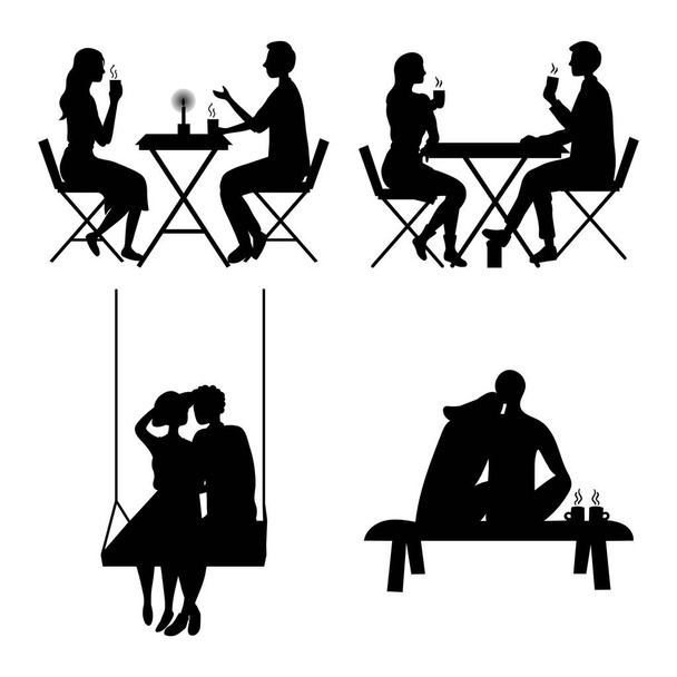 Ρομαντικές σιλουέτες ζευγαριών που απομονώνονται στο λευκό φόντο. Επίπεδο στυλ. Εικονογράφηση διανύσματος - Διάνυσμα, εικόνα