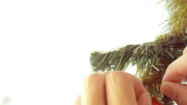 Mann schmückt Weihnachtsbaum mit Weihnachtsmann-Spielzeug an einem sonnigen Tag zu Hause. - Filmmaterial, Video