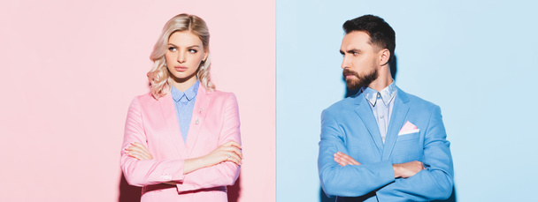 panoramic shot of sad woman and handsome man with crossed arms on pink and blue background  - Photo, Image