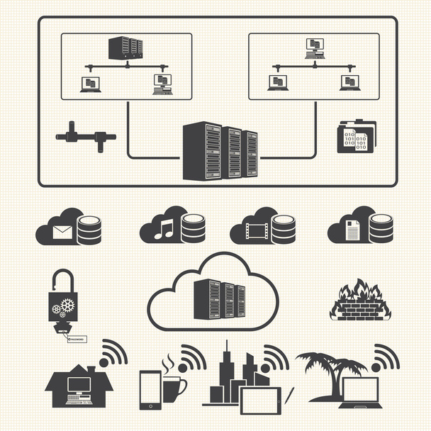Computação em nuvem e conjunto de ícones de gerenciamento de dados. Vetor
 - Vetor, Imagem