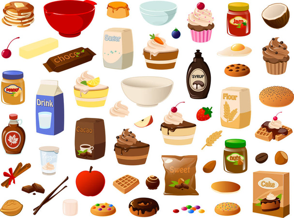 Ilustración vectorial de un juego de hornear con ingredientes y alimentos aislados sobre fondo blanco
 - Vector, Imagen