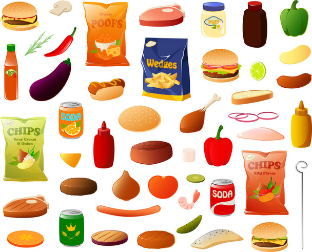 Különböző súlyú vagy grillezett élelmiszerek és összetevők kórokozó-átvivő ábrázolása - Vektor, kép