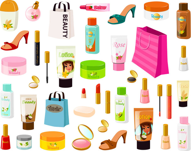 Ilustração vetorial de vários produtos de beleza e loções - Vetor, Imagem