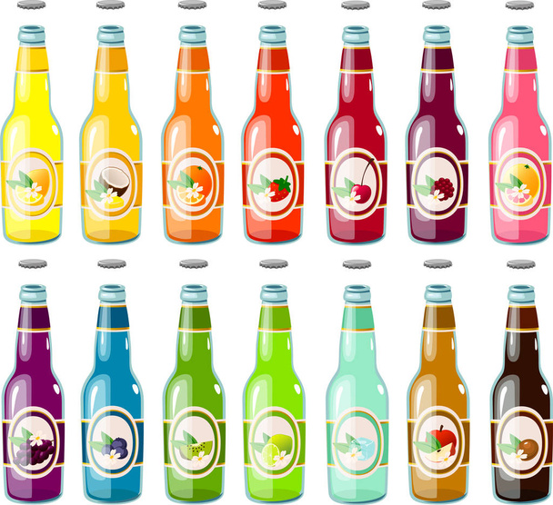Векторная иллюстрация различных фруктовых соков или газированных напитков в стеклянных бутылках
 - Вектор,изображение