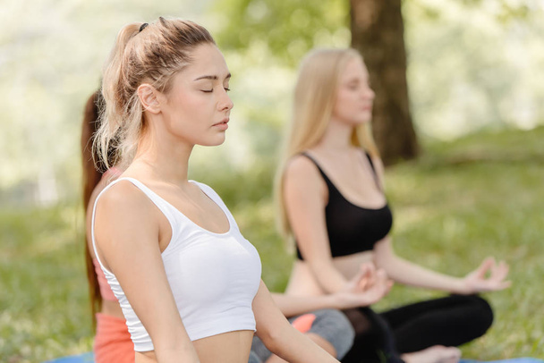 Ragazza che fa meditare con gli amici in un parco seduto a fare la meditazione moderata concentrazione (Pranayama) per migliorare la memoria e concentrarsi
. - Foto, immagini