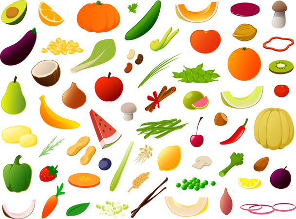 Vector illustratie van een voedselset van groenten en fruit - Vector, afbeelding