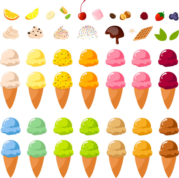 Vektorillustration verschiedener Eissorten und Kugeln in Zuckertüten und Toppings - Vektor, Bild