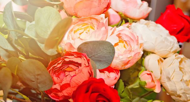 Beautiful blooming red, pink and white flowers as background. - 写真・画像